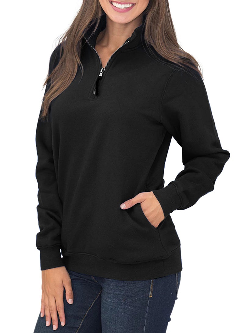 Samefar Women Winter Sweatshirt Tunics High Neck Long Sleeve Solid Basic 1/4 Zip Fleece Pullover Tops Black X-Large - Image 2